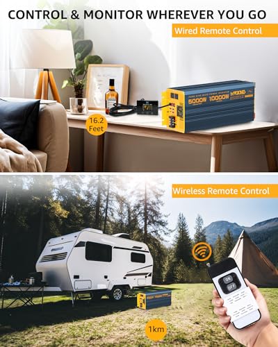 5000 Watt Power Inverter Pure Sine Wave 12V DC to 110V 120V 10000W Peak Heavy Duty Inverter with Remote Control and LED Display (5000W- 12V)