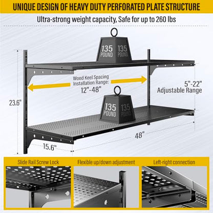 2 Tier 1.3x4ft Garage Shelving Wall Mounted (Black / 2pack-1.3×4ft)
