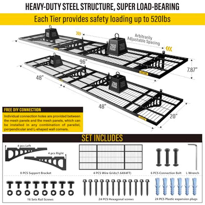 1.64x4ft 4Pack Wire Shelving Unit Heavy Duty Garage Storage Shelves Wall Mounted Black 1120lbs Load Capacity（20 (1.64x4ft-4Pack / Black)