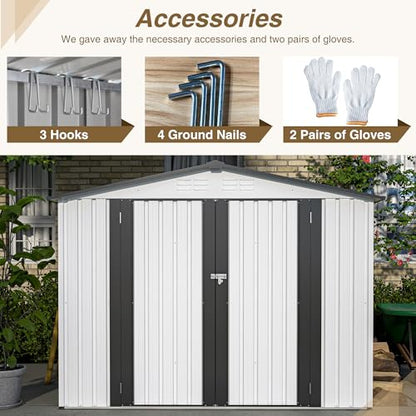 8x6 FT Outdoor Metal Storage Shed with Lockable Door & Floor Frame (White / 8x6 Ft)