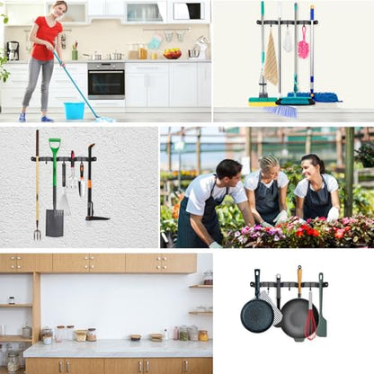 Mop and Broom Holder Wall Mounted (4 Racks and 3 Hooks)