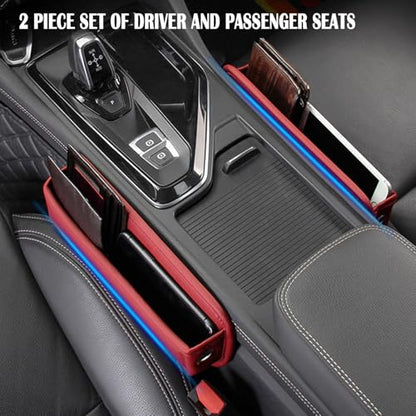 Universal Fit Premium Leather Car Seat Gap Filler Organizer (Burgundy，2 Pack)