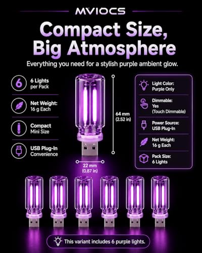 6 Pack USB Car Night Light (Purple)