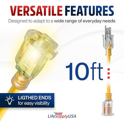 10ft Outdoor Indoor Extension Cord 10 (10 FT / 10AWG / Yellow)