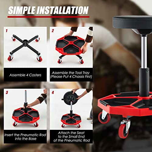 Mechanic Stool with Wheels (Red / Tool Tray)