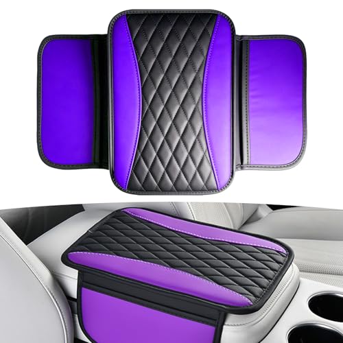 Leather Car Center Console Cover with Side Storage Pockets (Purple)