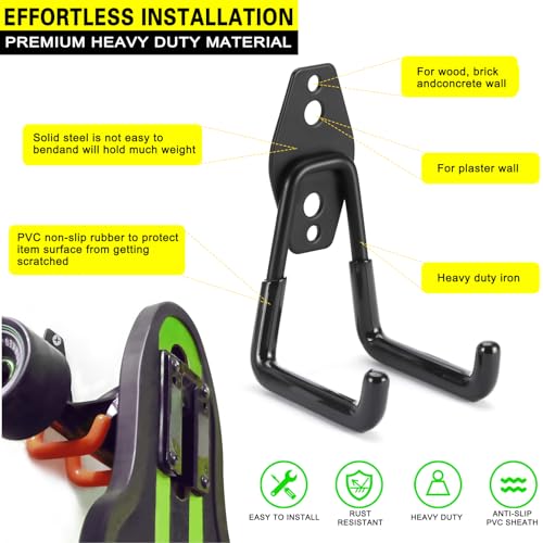 2 Pack Heavy Duty Garage Hooks Storage Organizer Wall Mount Power and Garden Tool Hangers (Small U Hook / Black 2 pack)