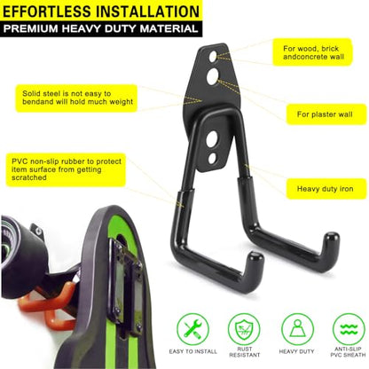 2 Pack Heavy Duty Garage Hooks Storage Organizer Wall Mount Power and Garden Tool Hangers (Small U Hook / Black 2 pack)