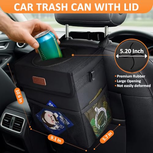 Car Trash Can with Lid Leak Proof Car Accessories for Women (2.2 Gallons / Black)