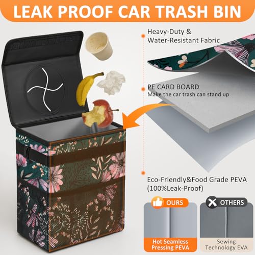 Car Trash Can with Lid Leak Proof Car Accessories for Women (2.2 Gallons / Navy Floral)