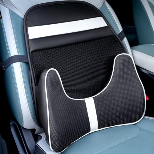 Memory Foam Double Layer Breathable Mesh Lumbar Support Ergonomic Leather Lumbar Support Pillow with 3D Mesh Back Support and Adjustable Strap for CarSeat & Office Chair (Leather Black)