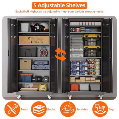 71" Metal Garage Storage Cabinet with Wheels (Black / 16"D x 32"W x 71"H)