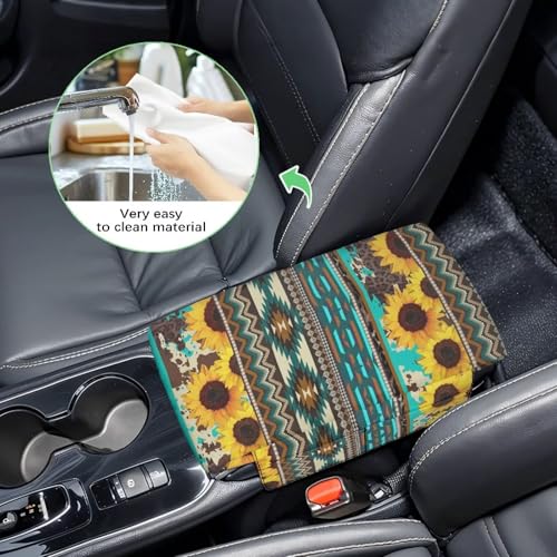 Aztec Sunflower Blue Auto Center Console Cover Soft Armrest Box Pad Protector Middle Console Cover with Pockets Storage Bag Hand Rest Pillow Car Interior Decor Accessories (Aztec Sunflower Blue)