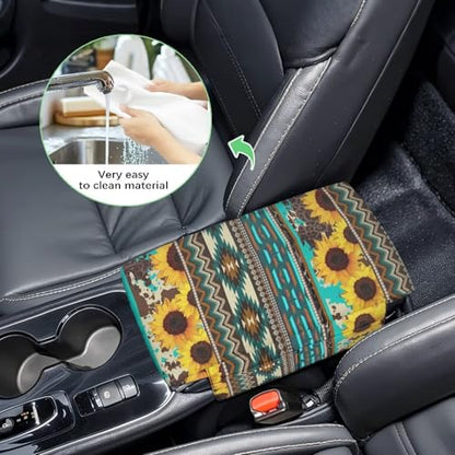 Aztec Sunflower Blue Auto Center Console Cover Soft Armrest Box Pad Protector Middle Console Cover with Pockets Storage Bag Hand Rest Pillow Car Interior Decor Accessories (Aztec Sunflower Blue)