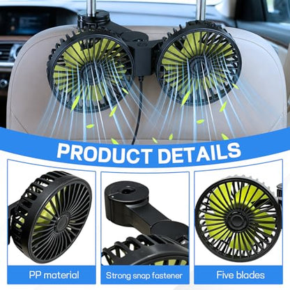 Car Backseat Fan USB Dual Head 3 Speed 360° Rotation Headrest (USB-Small)