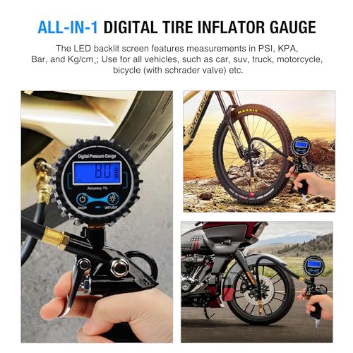 Digital Tire Inflator Portable Pressure Gauge 250 PSI Air Chuck (Tire Inflator Gauge Style 1)