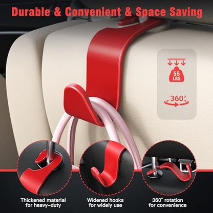 4 Pack Car Headrest Hooks Holds 55lbs Seat Storage Organizer for Bags (Red)
