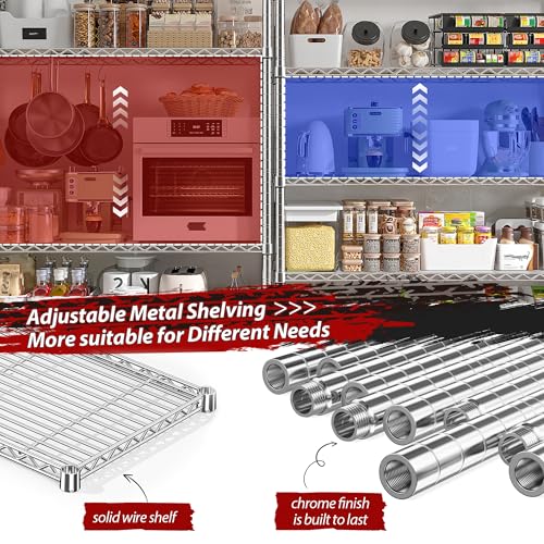 1500LBS Storage Shelves 61.7''W Wire Shelving Unit 5 Tier Metal Shelving for Storage Rack Shelves Heavy Duty Garage Shelf Pantry Shelves Kitchen Shelving (Chrome-15.8" Dx61.7" Wx72.4" H-5 Tier)
