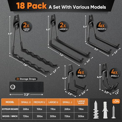 18 Pack Heavy Duty Garage Hooks (18 / Black)