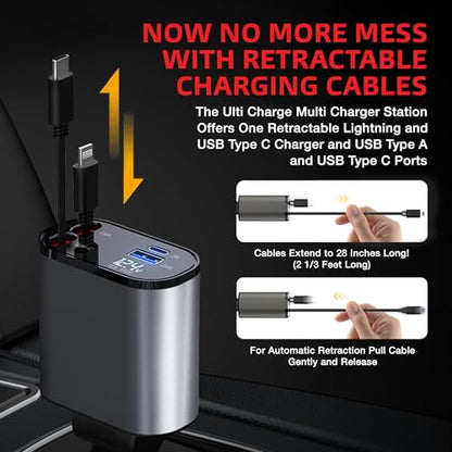 Ulti Charge iPhone Car Charger USB C Fast Charge Retractable 120W 4 (Retractable Lightning & USBC)