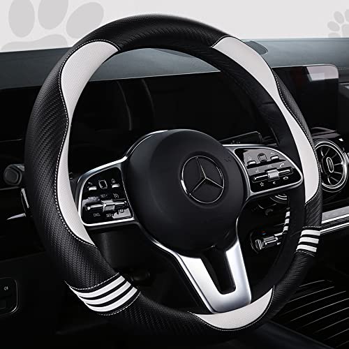 Car Steering Wheel Covers for Women Padded Carbon Fiber PU Leather Cute Auto Interior Accessories for Vehicle (White+Black / Standard Size[14.75-15.15"](37.5-38.5cm))