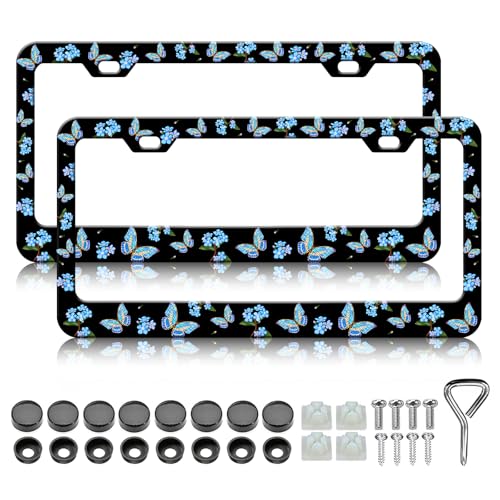 Blue Flower Butterfly License Plate Frames (Blue Flower Butterfly)