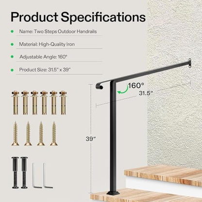 2 Step Stair Handrail 32"x39" Wrought Iron with 1 Curved End Black (Black / 2 Steps)