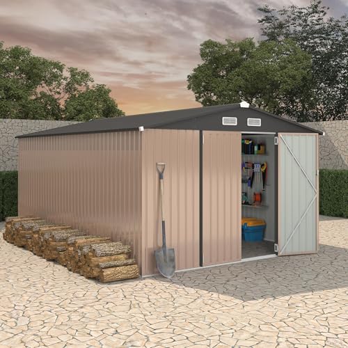 10x14 FT Metal Storage Sheds Outdoor (Brown / 10x14FT)