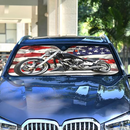 Car Windshield Sun Shade Black Motorcycle with American Flag Foldable Car Front Windshield Sunshade Blocks UV Rays Sun Visor Sun Heat Protection for Car Truck SUV to Keep Your Vehicle Cool (Medium / Motorcycle with American Flag)