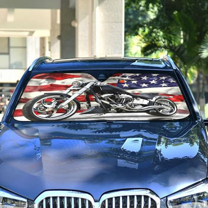 Car Windshield Sun Shade Black Motorcycle with American Flag Foldable Car Front Windshield Sunshade Blocks UV Rays Sun Visor Sun Heat Protection for Car Truck SUV to Keep Your Vehicle Cool (Medium / Motorcycle with American Flag)