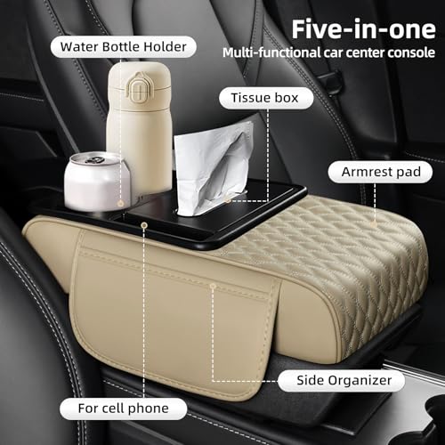 5-in-1 Car Center Console Armrest Cover Pad, Multifunctional Car Arm Rest Organizer with Cup Holder, Tissue Slot & Side Storage Pockets, Soft Leather Auto Armrest Cushion, Beige (Beige)