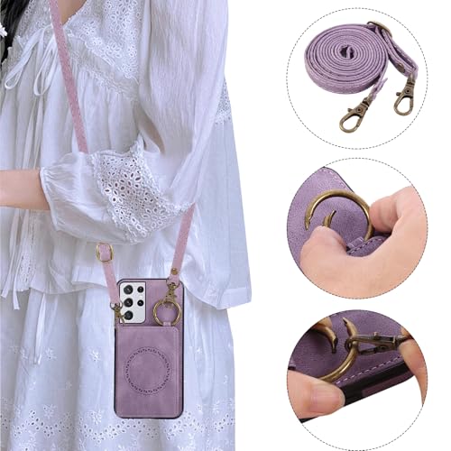 Compatible with Samsung Galaxy S21 Ultra 5G Wallet Case Screen Protector Crossbody Shoulder Strap Ring Buckle Stand Card Holder Phone Cover for S21ultra 21S S 21 21ultra G5 Women Men Purple (Purple / for S21 Ultra)