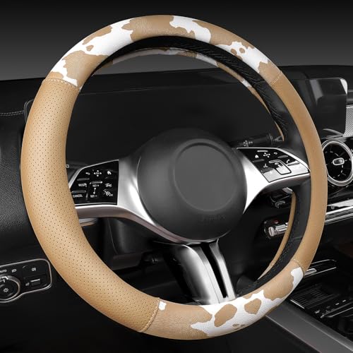 Cow Print Faux Leather Car Seat Covers & Cow Car Mats & Cow Steering Wheel Cover Seat Belt Pads Universal fit for SUV (Cow Print Beige)