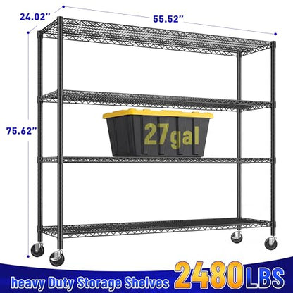 75.62" H Storage Shelves 2480LBS Garage Shelving with Wheels Heavy Duty Metal Shelving for Storage Adjustable Pantry Shelf for Kitchen Garage Commercial (Black)