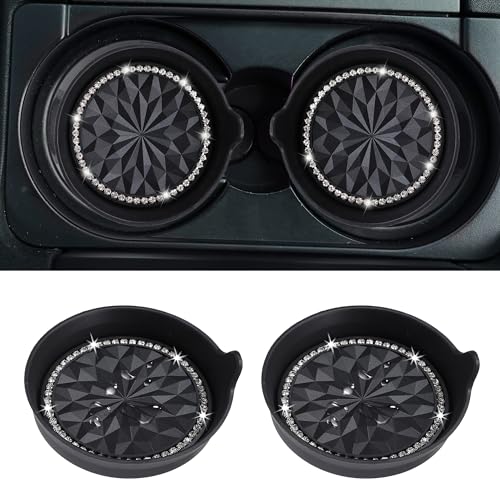 2 Pack Car Cup Holder Coaster Bling Crystal Rhinestone Car Interior (Black Flower / 2 Pack)
