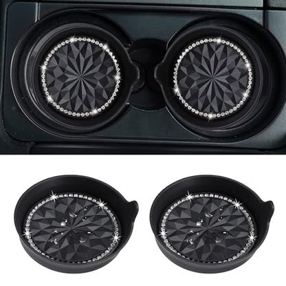 2 Pack Car Cup Holder Coaster Bling Crystal Rhinestone Car Interior (Black Flower / 2 Pack)
