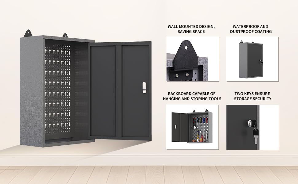Garage Tool Storage Cabinet Workbench Desk with Wood Top Wall Pegboards