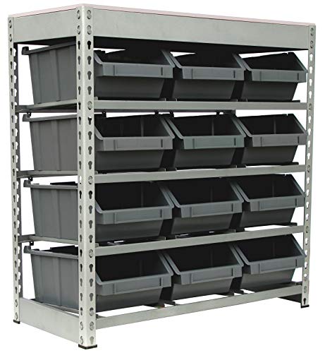 Bin Rack Boltless Steel Storage System Organizer w (4 Tiers - 12 Bins)