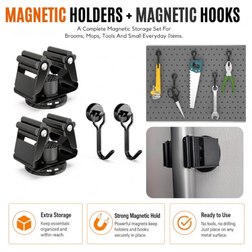 2 Pack Magnetic Broom Holder with 2 Pack Mini Magnetic Hooks (2pc+2pc(42mm-Magnet) / Black)