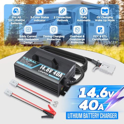 12V 40A Lithium Battery Charger 14.6V LiFePO4 Battery Charger for 12.8V LiFePO4 Lithium Deep Cycle Rechargeable Batteries 0V Wake Up 12 Volt Charger with 3 Connectors for RV (12V 40A)