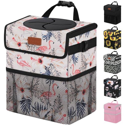 Car Trash Can with Lid Leak Proof Car Accessories for Women (2.2 Gallons / Pink Flamingos)