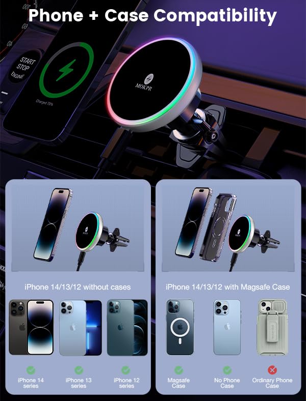 for Magsafe Car Mount Charger 15W LED RGB Car Phone Holder for Dash Vent (Silver)