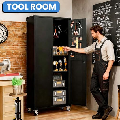 Metal Storage Cabinet for Garage (Black / L - 2 Doors & Pegboard (Wheeled))