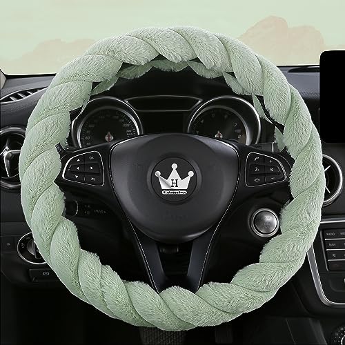 Luxury Fluffy Winter Car Steering Wheel Cover for Women Soft Warm Plush Cute Auto Accessories for Vehicle (Green / Standard Size [14.75-15.15"] (37.5-38.5cm))