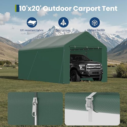 10x20 Carport Heavy Duty Portable Garage Shelter w (Green / 10x20 with sidewalls)