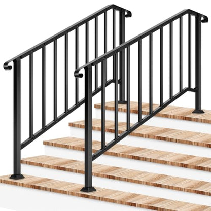 2-Pack 5-Step Railing 69"x36" Wrought Iron with Curved & Balusters (Black / 5 Steps)