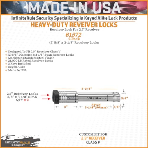 61572 | 2 Pack, Keyed Alike, Receiver Locks for 2" and 2.5" Receiver Class III, IV, V and Gen-Y Hitch Mega Duty 10K LB & 16K LB (Fits: 2" And 2.5" Receiver Class III, IV, & V / 2PK (2) Receiver Locks)