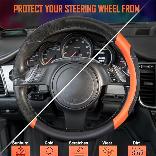 Line Rider Microfiber Leather Sporty Steering Wheel Cover Universal Fits for 95% Truck (Black＆Orange / Standard[14.5"-15"])