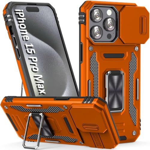 Orange Case for iPhone 15 Pro Max with Slide Camera Cover & Stand (★ iPhone 15 Pro Max 【6.7 inches】 / Orang+Black)