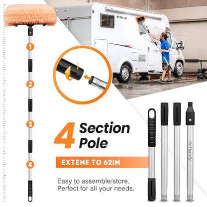65" Five Sided Car Wash Brush with Extension Pole (12" brush 65" pole / Orange)
